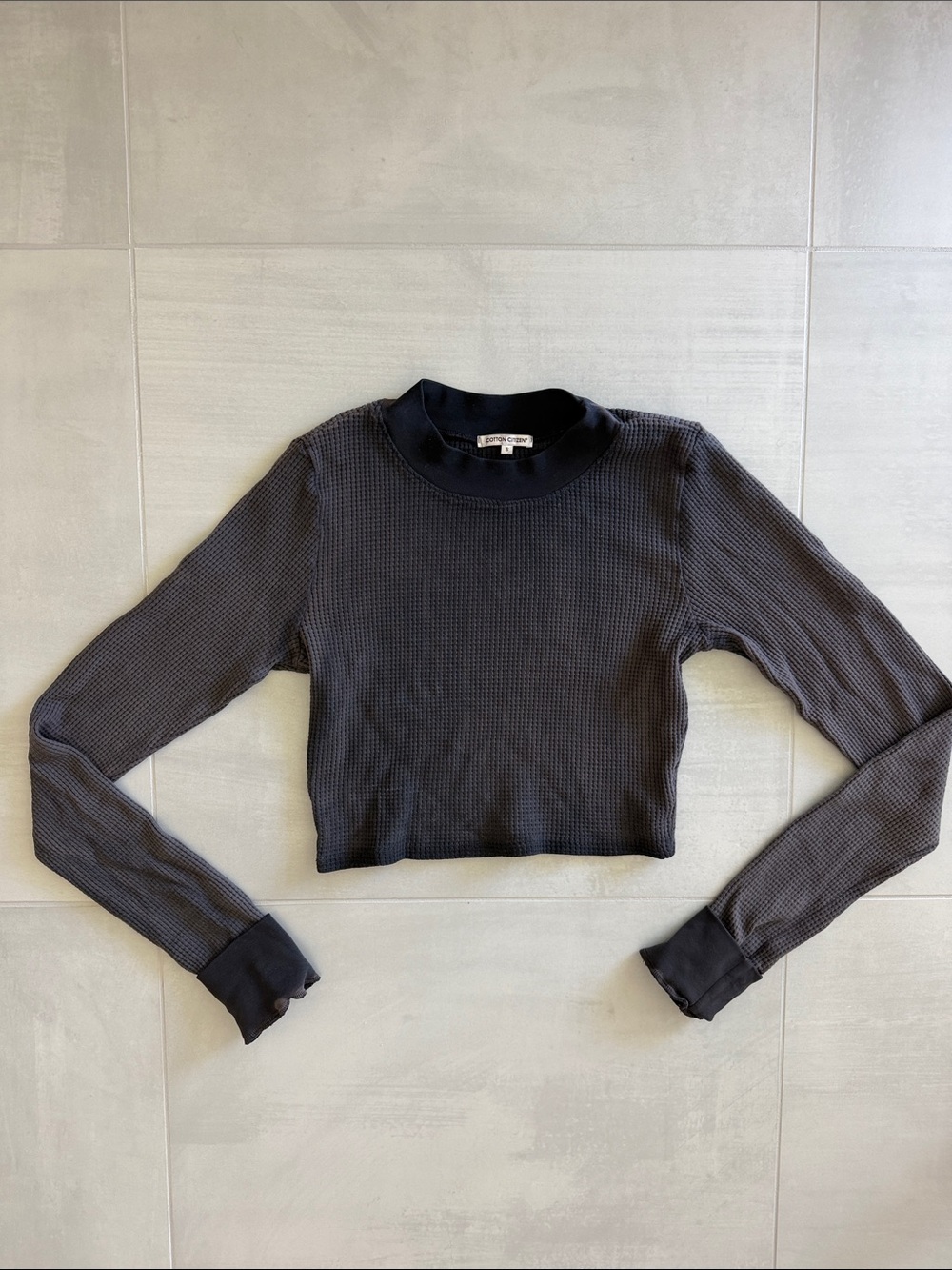 Cotton Citizen Black Waffle-Knit Long Sleeve Crop Top